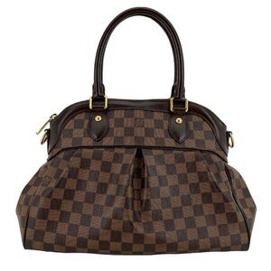 Brown Satchel with Checkered Pattern and Leather Handles